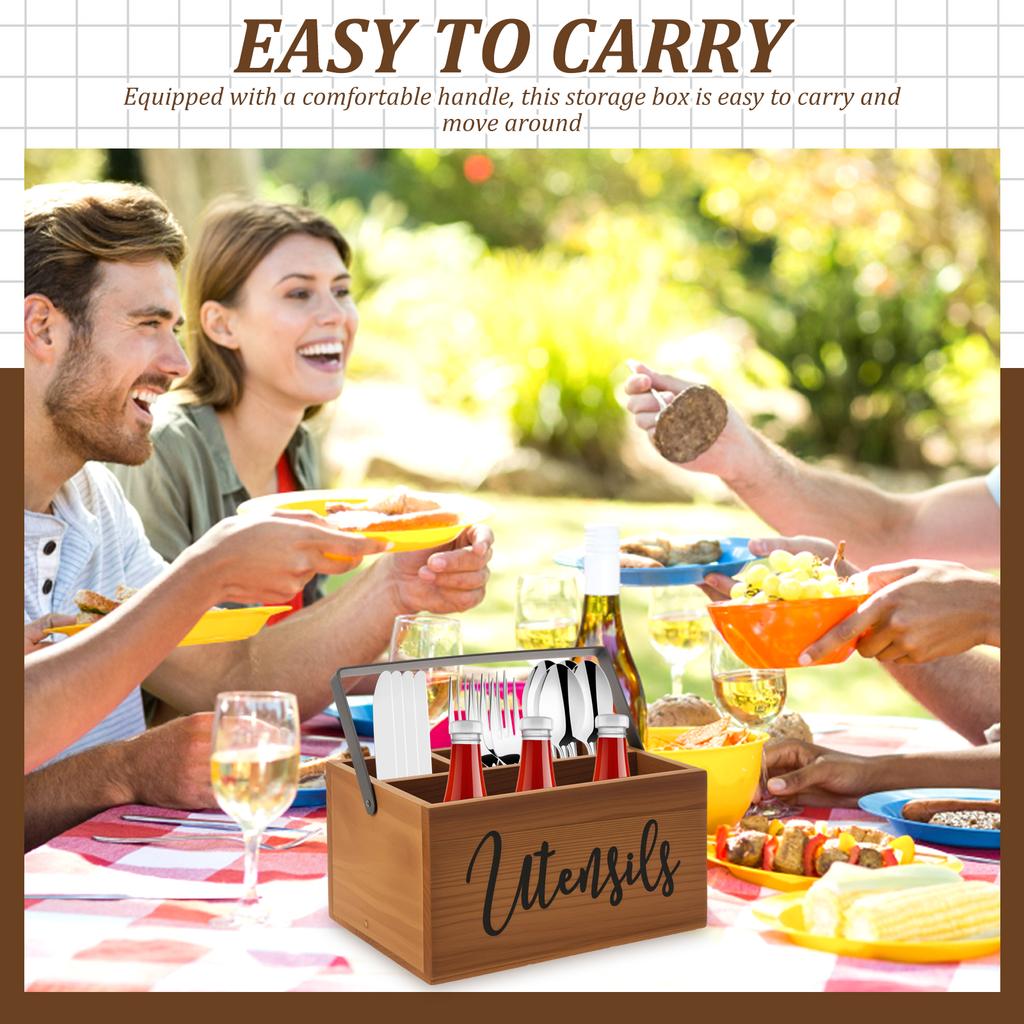 Wooden Tableware Storage Box with Handle and 4 Compartment Portable Silverware Storage Organization Box for Kitchen Counter