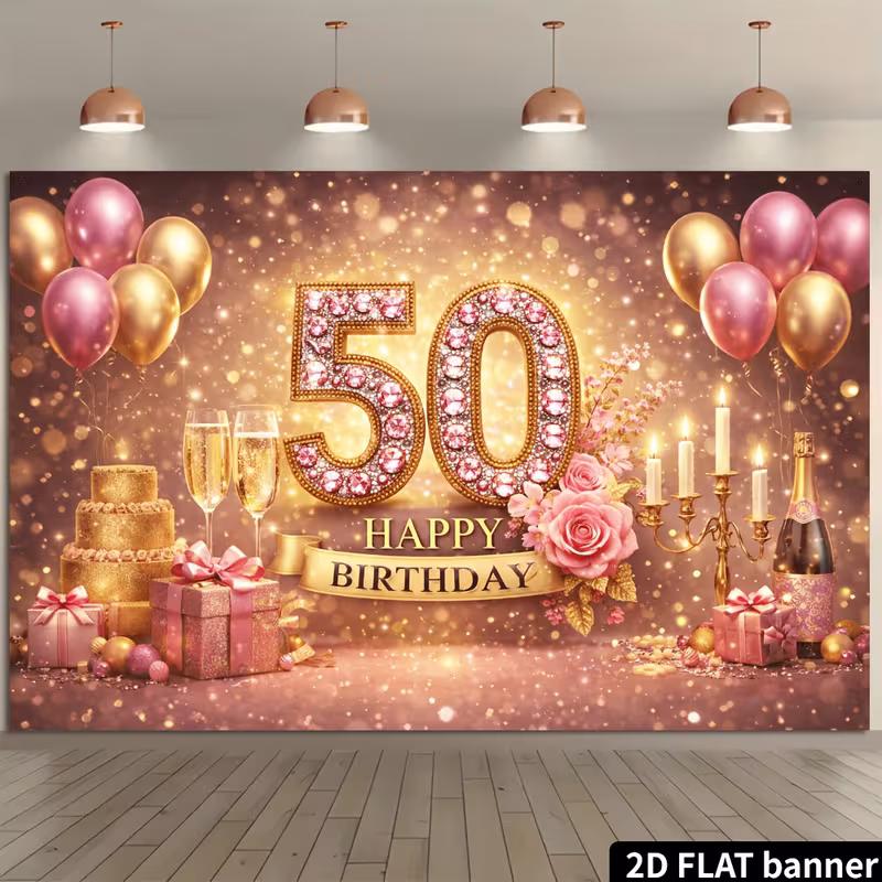 2D Pink Gold Glitter 50th Birthday Backdrop Home Party Celebration Photo Background