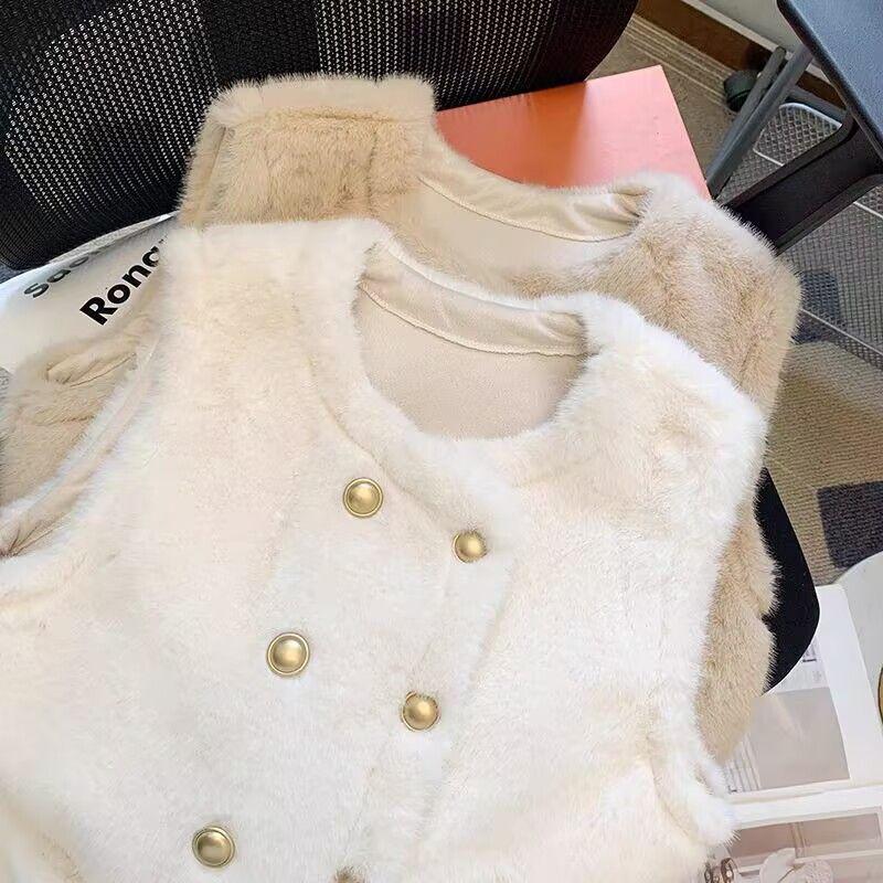 Fashion Double-Breasted Faux Mink Vest for Women, Loose Fit Vest Coat