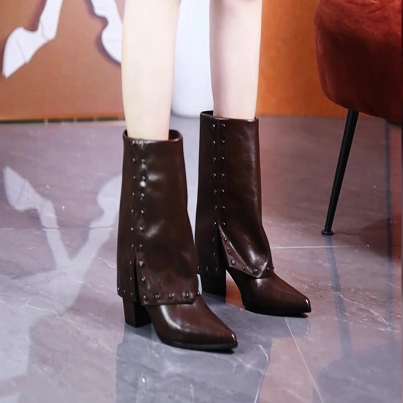 Autumn and winter new temperament pointed head rivet high heel high trouser tube boots women's 2025 retro sleeve thick heel knight boots