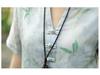 V-neck A-line Dress with Literary Bamboo Leaf Print and Frog Buttons