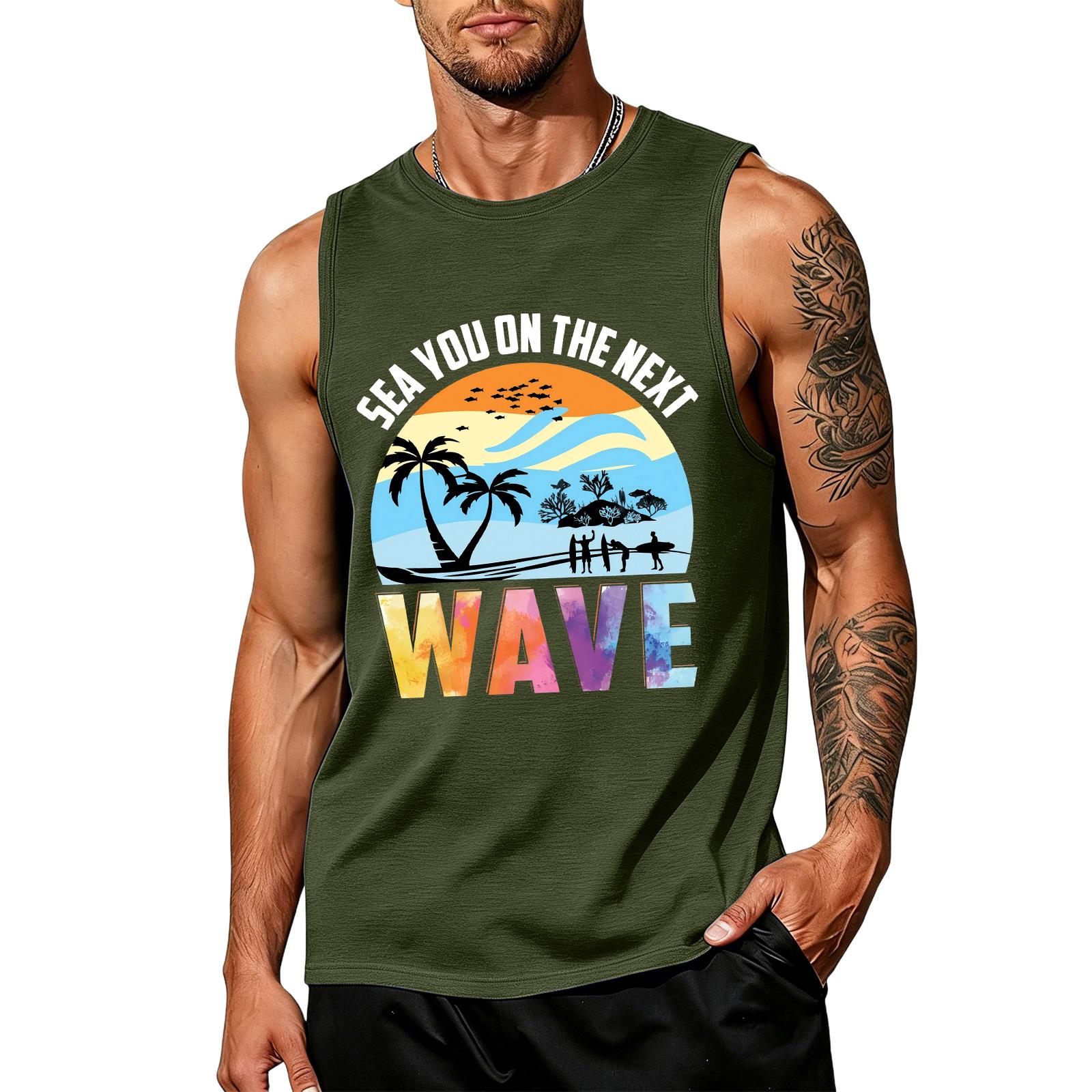Men s loose and casual Hawaiian print sleeveless shirt L армия зеленый