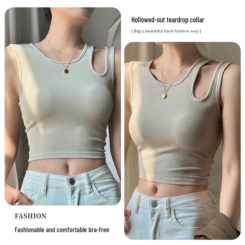 White Hollowed Camisole for Women – Summer Short Top with Built-In Bra, Exposed Navel, Sexy Innerwear