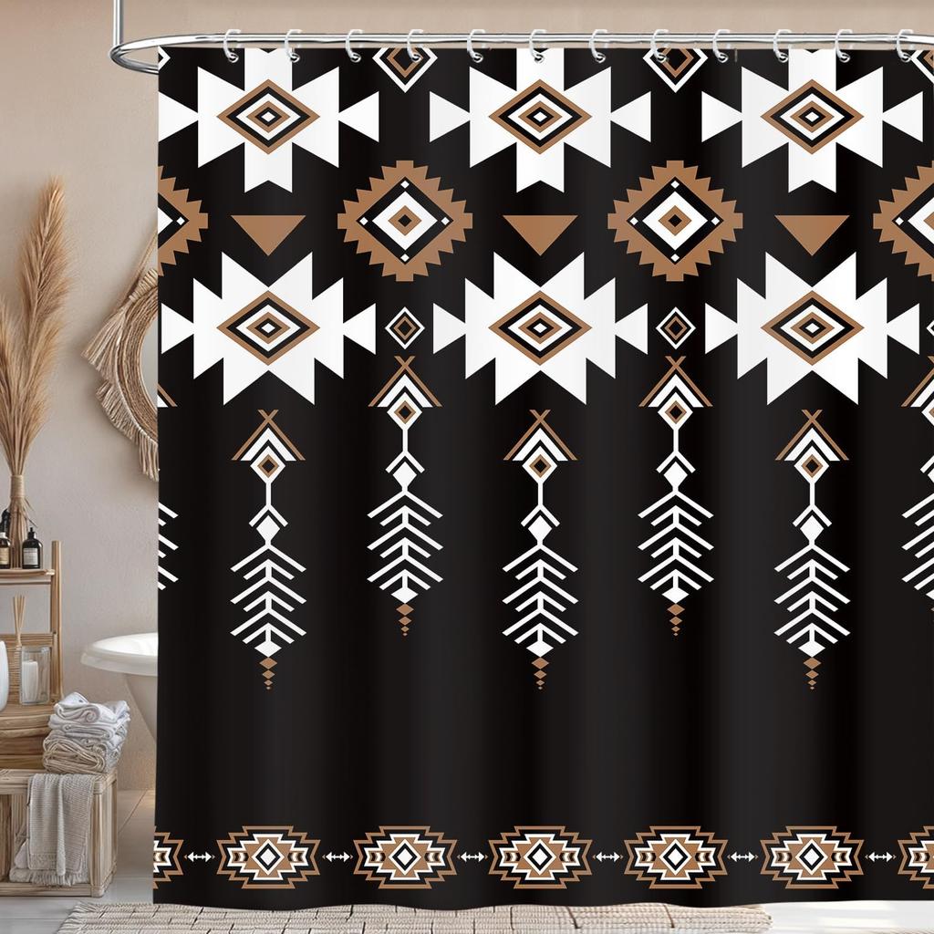 Black Western Aztec Shower Curtain, Vintage Abstract Geometric Cowboy Shower Curta Set, Boho Southwestern Tribal Native Neutral Fabric Shower Curta