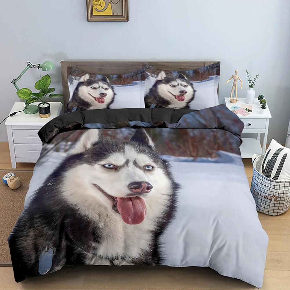 Funny Husky Dog Print Duvet Cover Set, Cute Animals Dog Bedding Set with Pillowcases 75*50cm for Boys Girl Bedroom Decoration