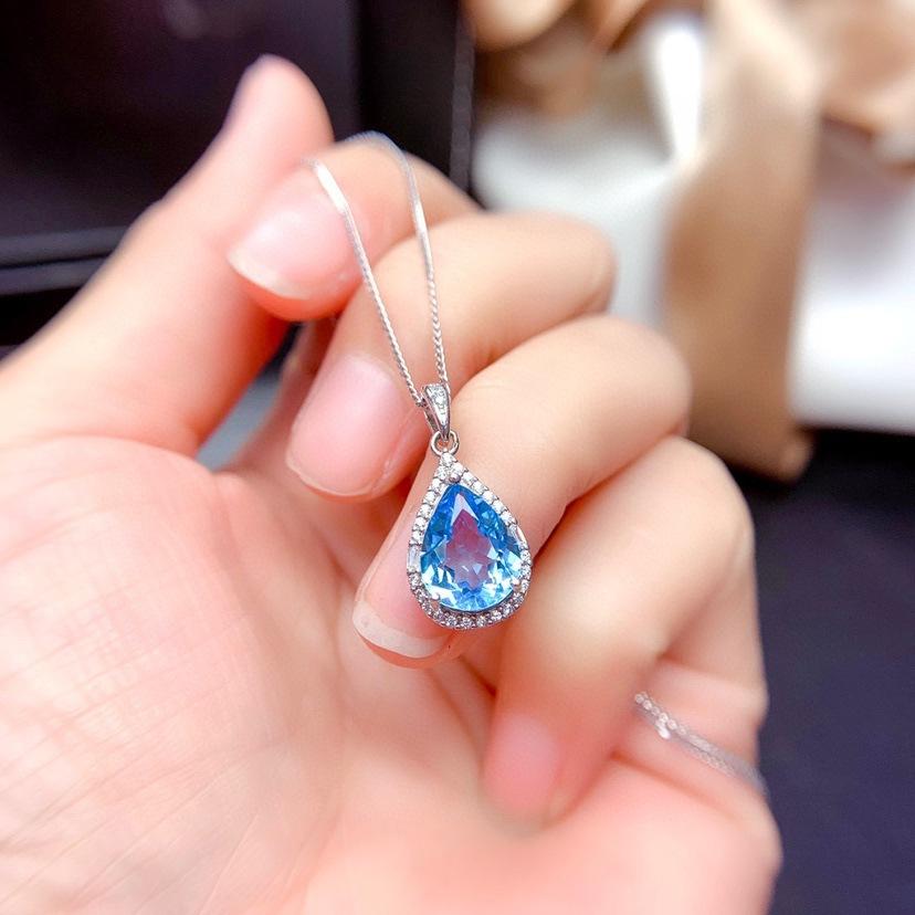 Imitation Natürlicher Schweizer Blautopas Set, Ring Anhänger, Ohrringe, Wassertropfen Stil, Glücklicher Citrin Halskette Für Damen
