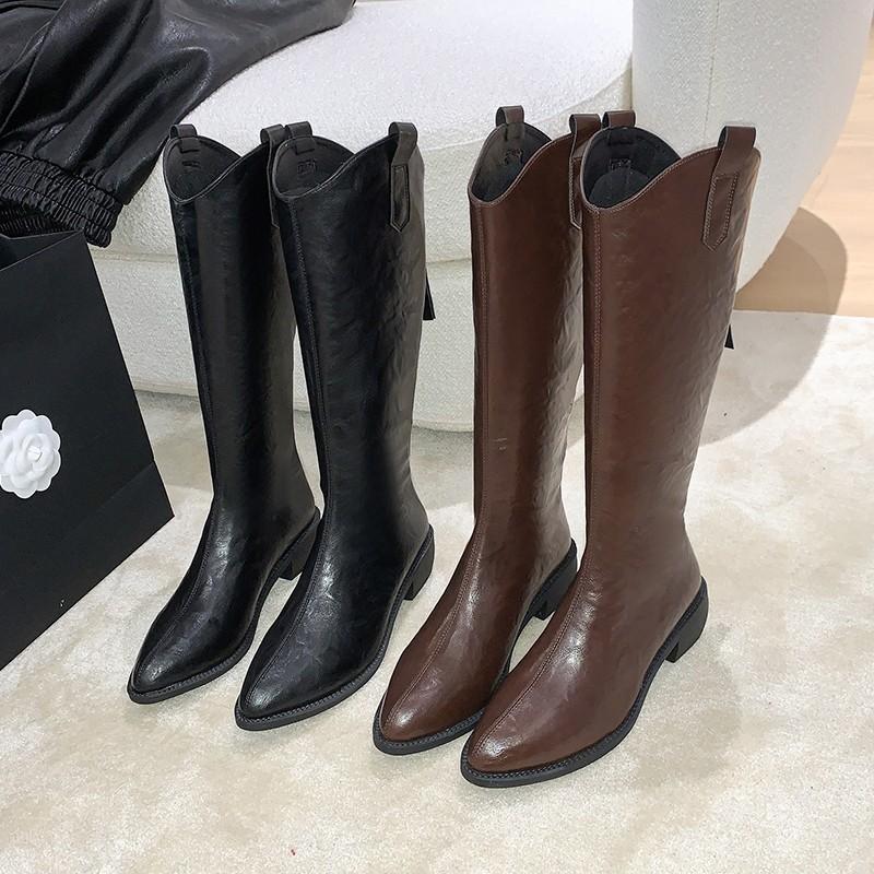 2025 autumn new retro pointed thick heel western cowboy boots V-mouth medium heel knight boots large size boots women