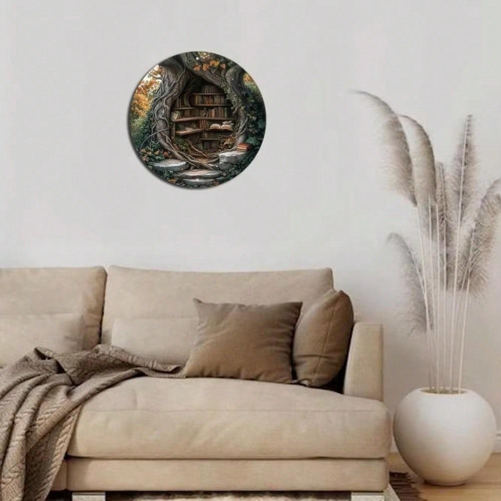 Vintage Tree Bookshelf Metal Wall Art, Round Aluminum Sign for Living Room Home Office Decor