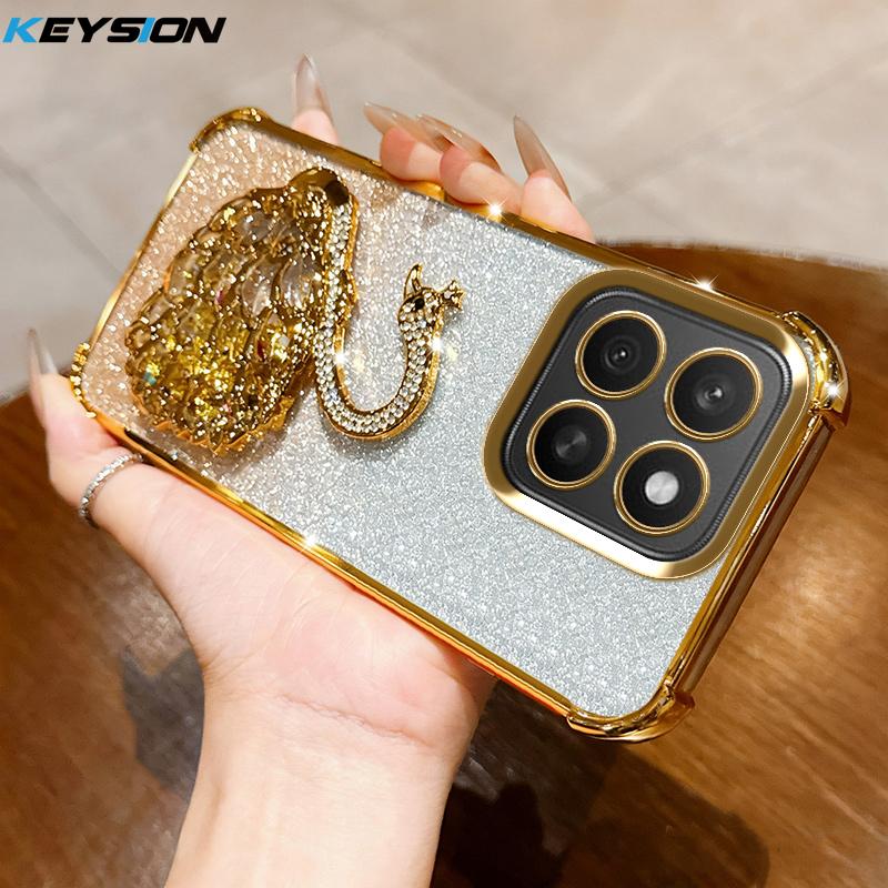 

KEYSION Shockproof Plating TPU Phone Case for HONOR X6c X6b X6A Glitter Jewelled Swan kickstand Back Cover for Honor X6A X6b X6c for Honor X6A золотий