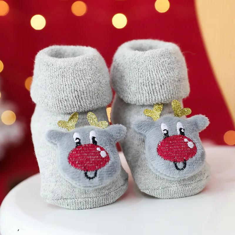 Winter Kinder Frohe Weihnachten Niedliche Cartoon-Puppe Strumpf Frottee Verdicken Rutschfest Thermisch Baby Boden Knöchelsocken für Neugeborene