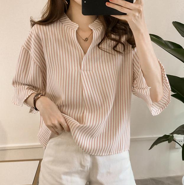 Plus Size Women's V-Neck Striped Seven-Sleeve Casual Shirt - 2025 Korean Summer Collection