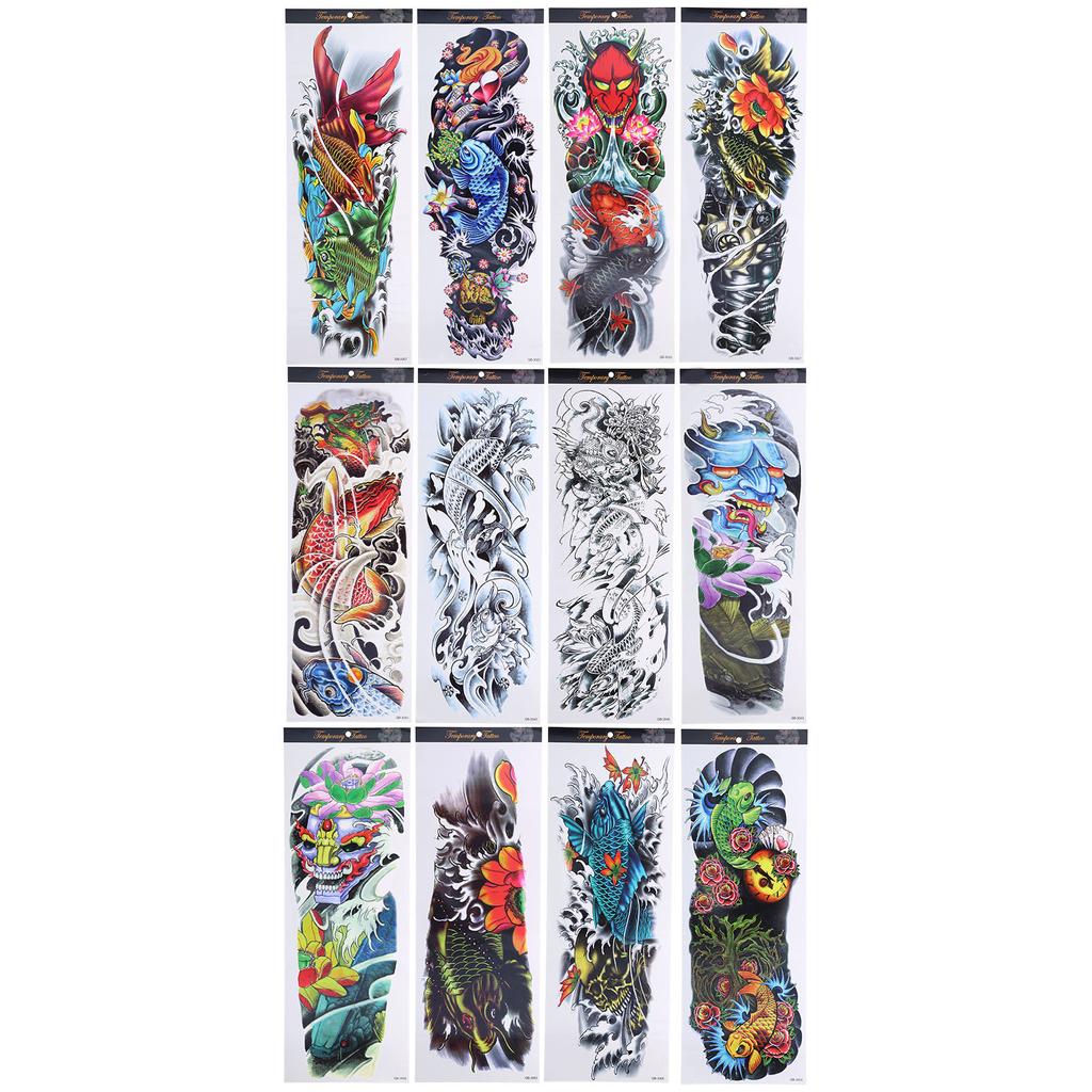 12pcs Fake Tattoo Sticker Temporary Waterproof Sweatproof Unisex Full Arm Tattoos Stickers