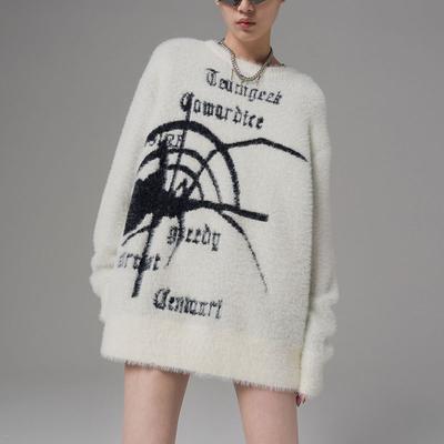 Beyaz Örümcek Kazak Kadın Y2k Sokak Grafik Örme Kazak Hip Hop Grunge Goth Çekme Harajuku Fairycore Üstleri Kış