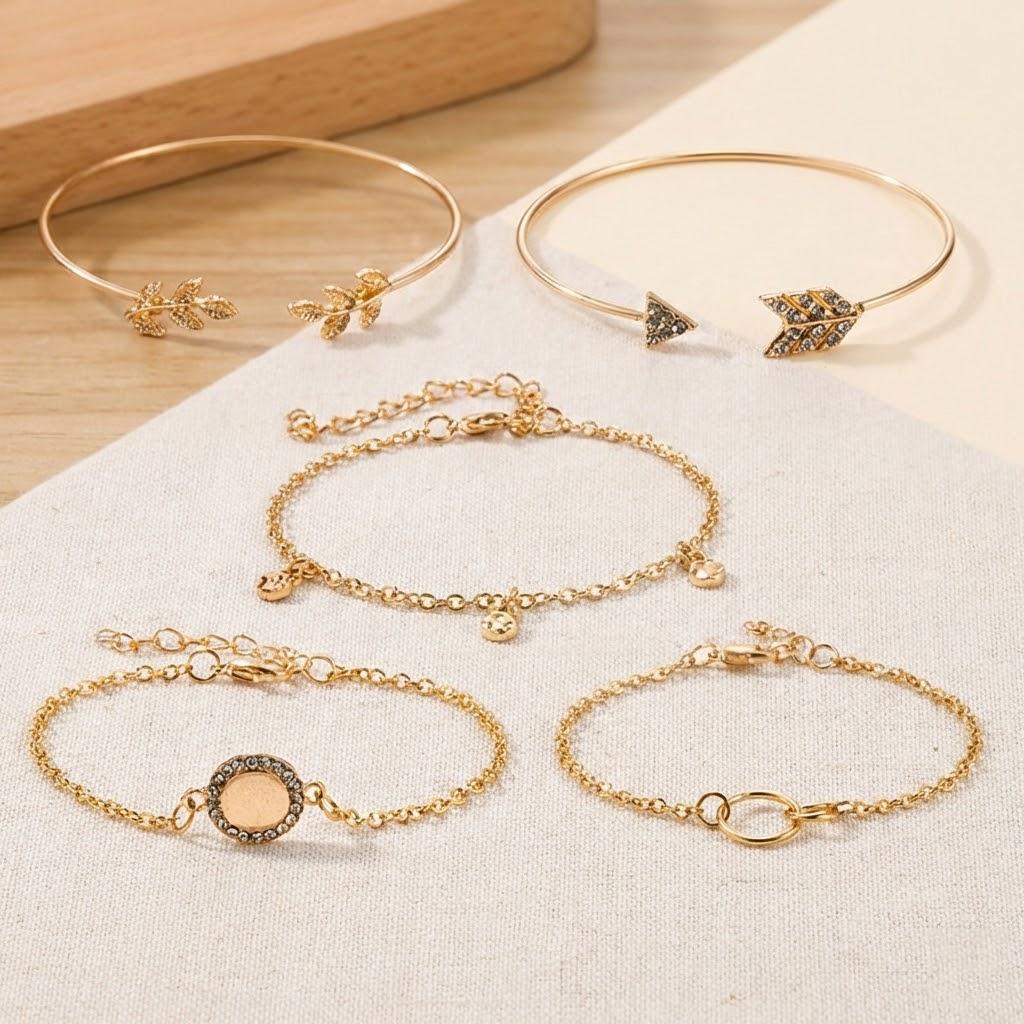 

Exquisite 5Pcs Set Vintage Leaf Arrow Bangle Cuff Bracelets Gold Opening Bracelet Boho Jewelry Accessories золотой