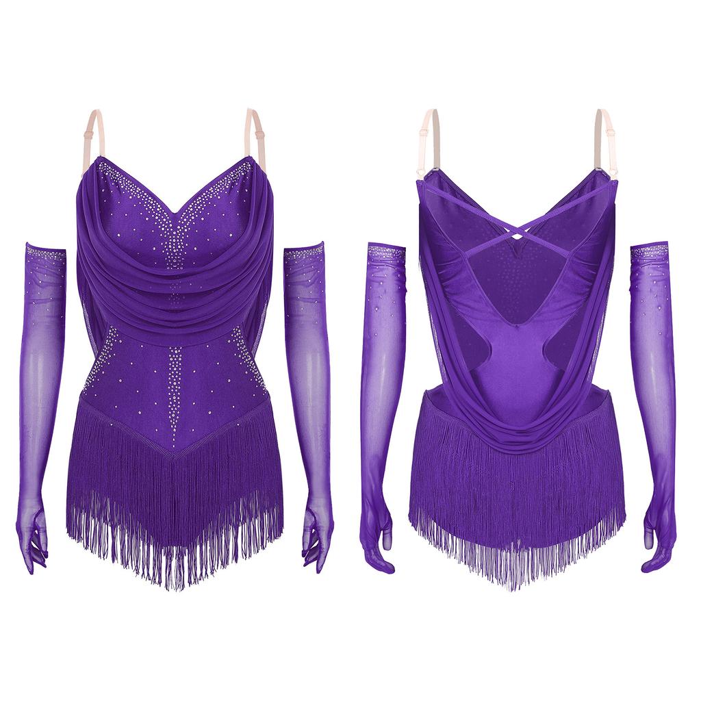 Womens Tassel Jazz Latin Dance Leotard Dress Glittery Rhinestones Adjustable Straps Cutout Fringed Bodysuit with Gloves