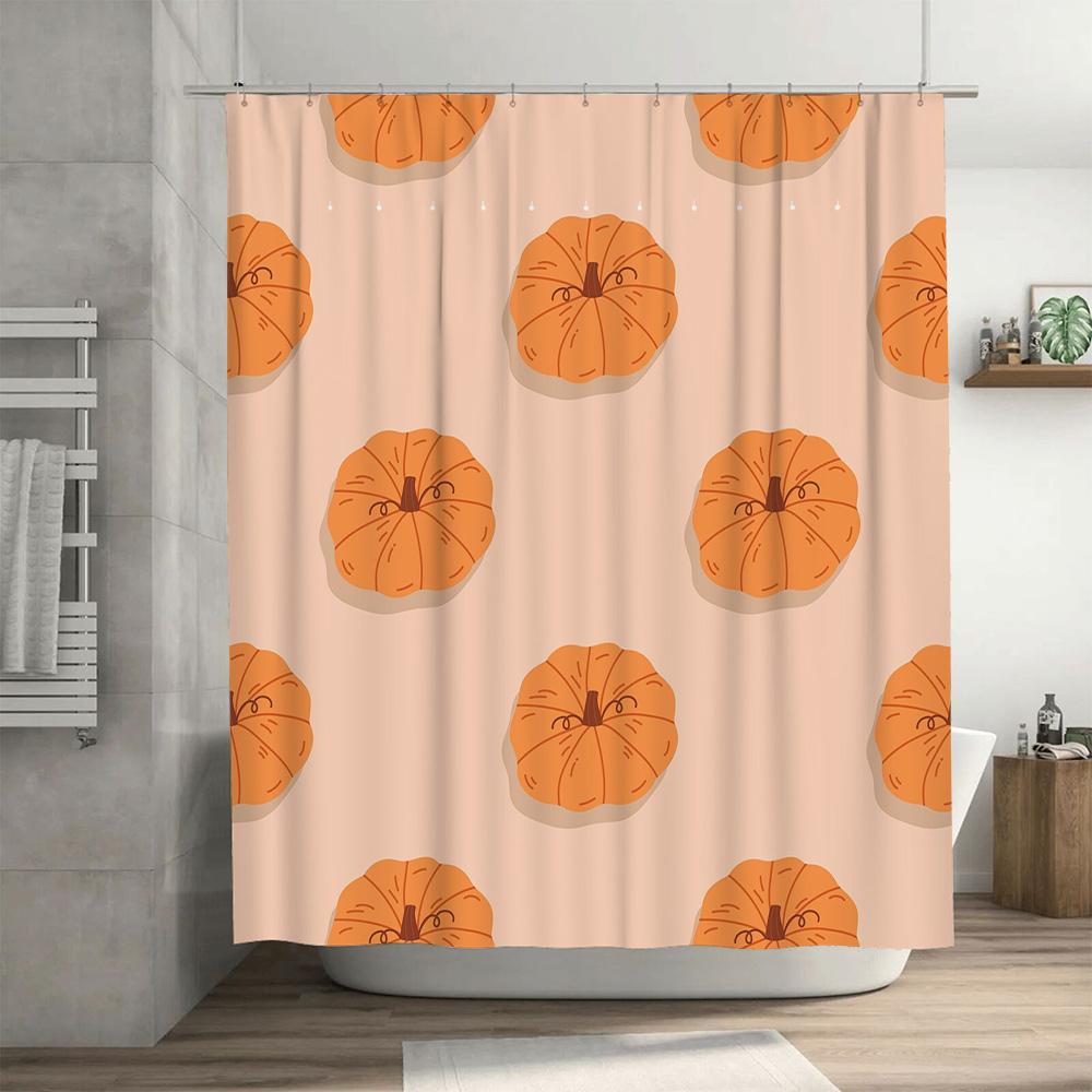 Pumpkin Print Shower Curtain Bath Room Decor Wall Hanging Home Decoration Peach Color with Orange Pumpkins Pattern for Fall Seas