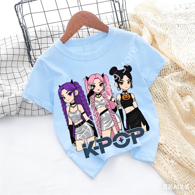 Girls KPOP Idol Group Print Short Sleeve Boys and Girls TShirt Cute Cartoon Graphic Tee Kids Summer Casual Top