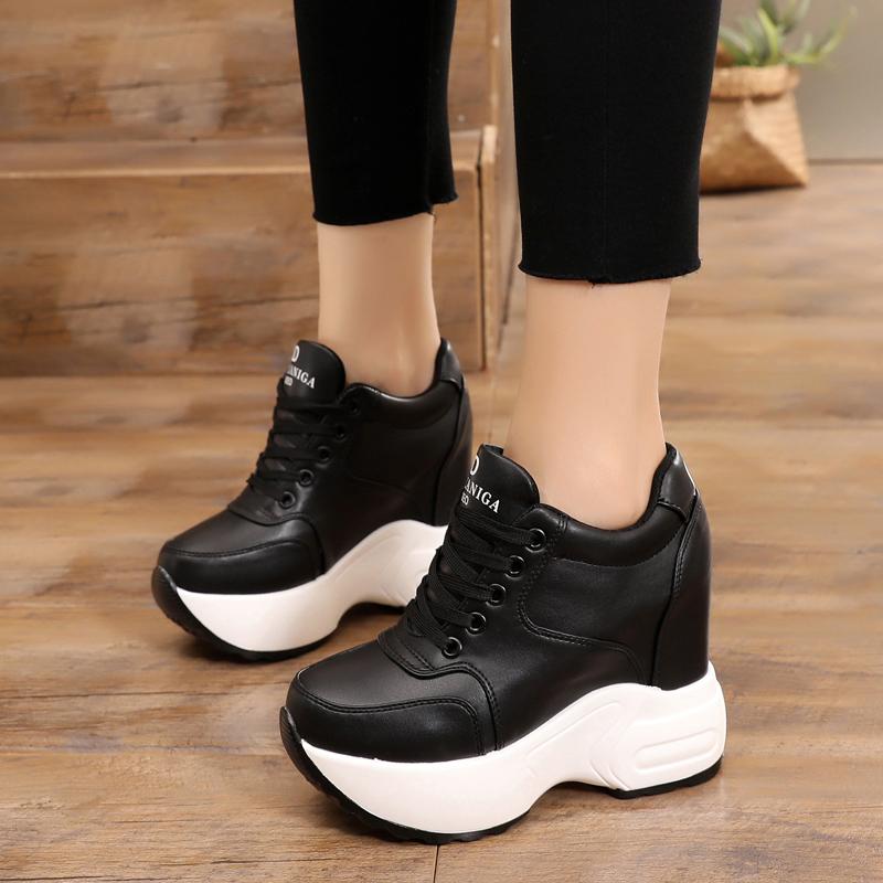 Women's Ankle Boots 2025 Autumn PU Leather Shoes Woman Platform Height Increased Sneakers 11 CM Thick Sole Wedges White Boots
