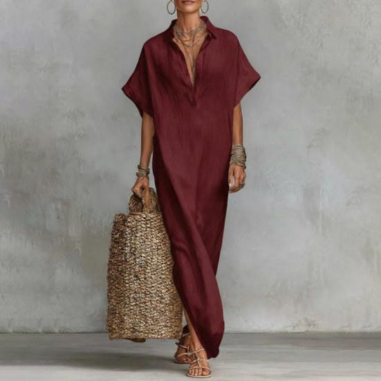 Summer Cotton Linen Dress for Women Short Sleeve Button Up Long Dress Casual Loose Beach Tunic Sundress