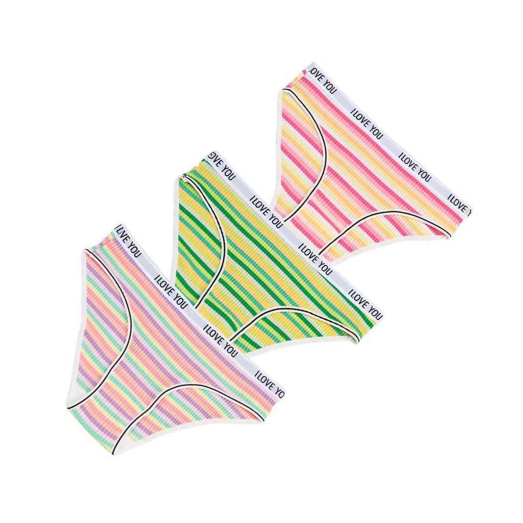 Women's Pure Cotton Ribbed Low Waist Panties: Colorful Letter, Breathable, Double-Layer Crotch, Striped Design for Girls.