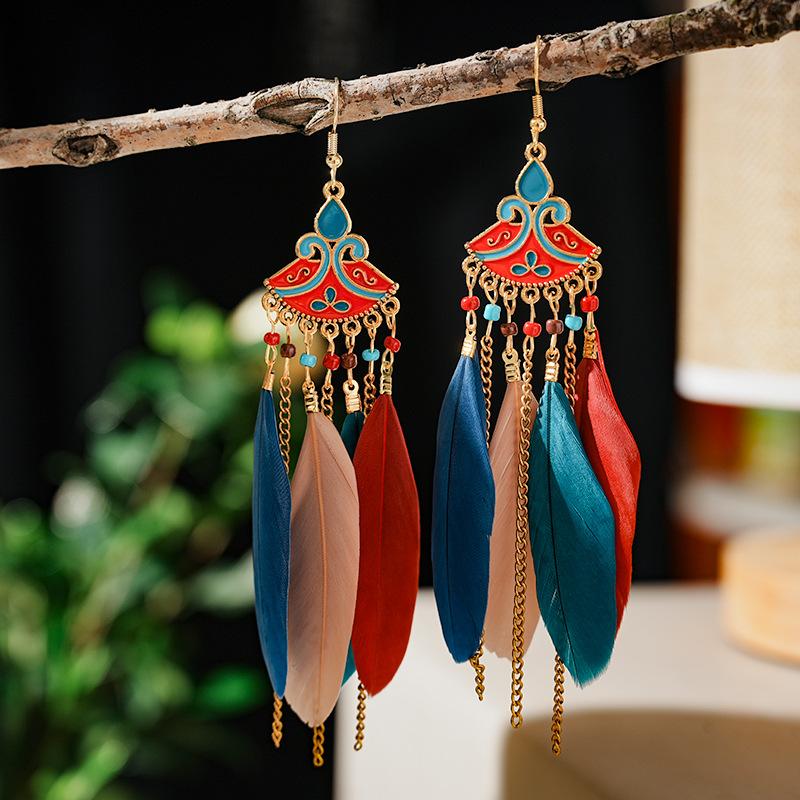 Bohemian Ethnic Feather Tassel Dangle Earrings For Women Trendy Long Beads Indian Drop Earrings Female Vintage Boho Jewelry Gift