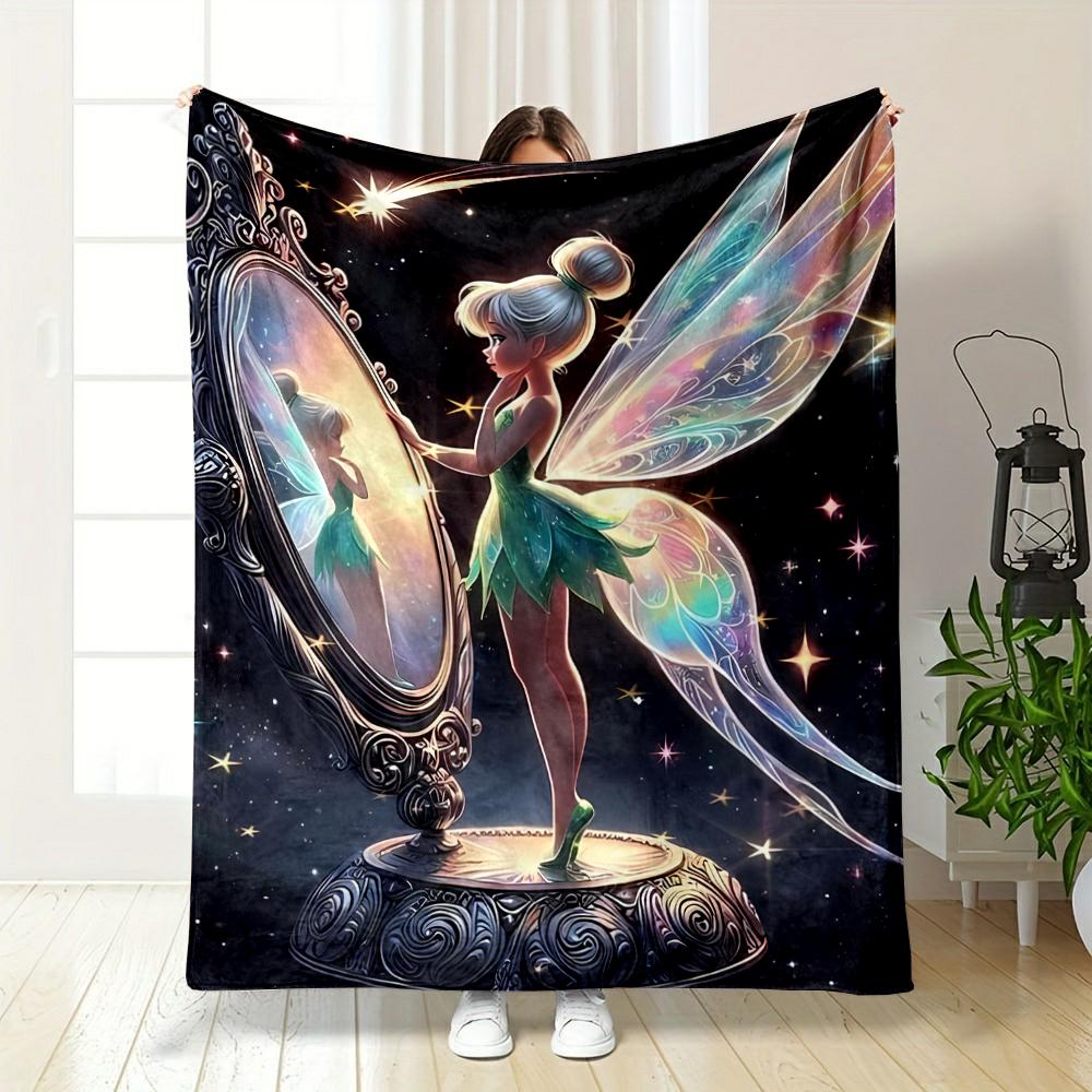 Tinkerbell at Magic Mirror Starry Night Girls Bedroom Throw Blanket for Sofa Couch Decor