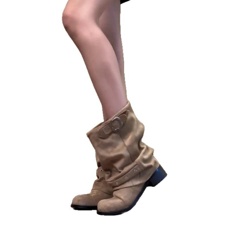 Sheepskin Version~ Leather Pant Tube Boots Pleated Rivet Stacking Boots Women's Retro High-end Western Wide Tube Martin Boots