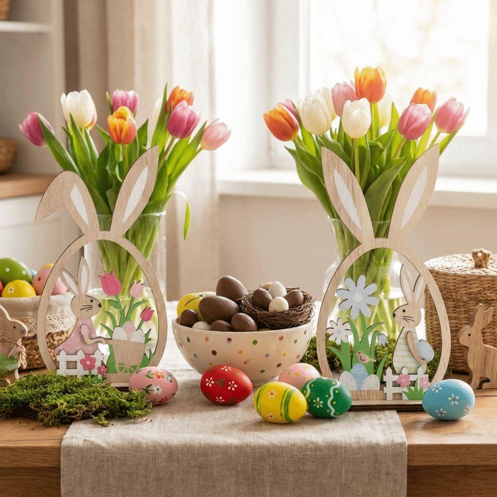 2Pcs Flower Easter Bunny Ornament Farmhouse Rustic Bunny Desktop Decorative  Spring Festival