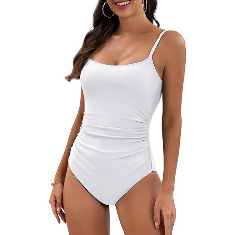 European and American Pleated Solid Color Sexy One-Piece Swimsuit for Women
