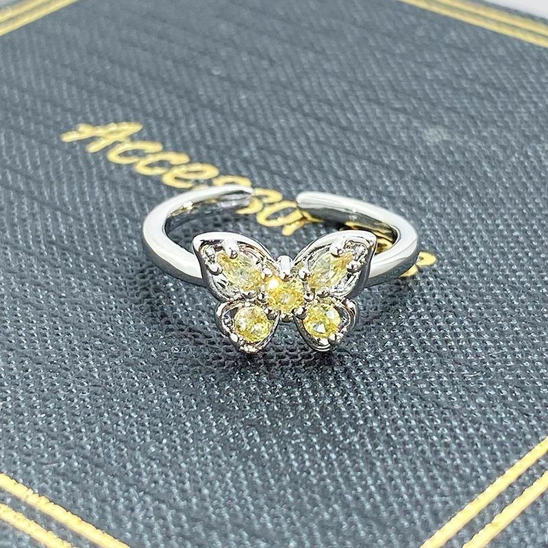 [Stacked Wear Aesthetics] Yellow Diamond Zircon Butterfly Flower Opening Ring Niche Light Luxury High Sense Ring Female Adjustable opening