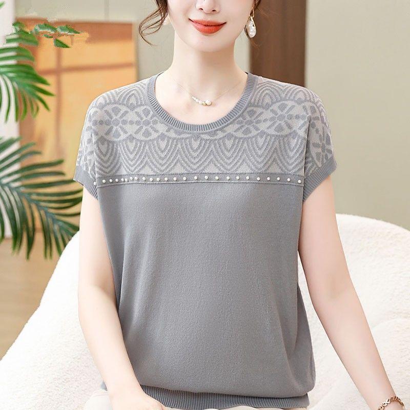 Summer Clothes Imitation Ice Silk Short Sleeved T-shirt Top, Fashionable Knitted Sweater for Women