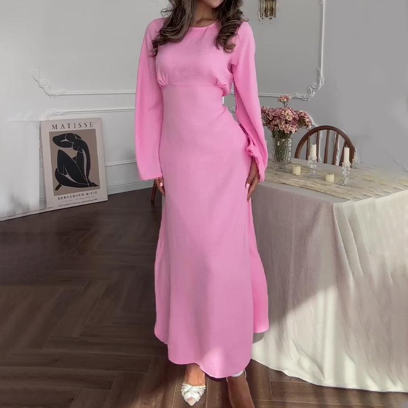 

Элегантное однотонное платье с круглым вырезом и длинным рукавом для женщин - Мода Осень 2025 Small