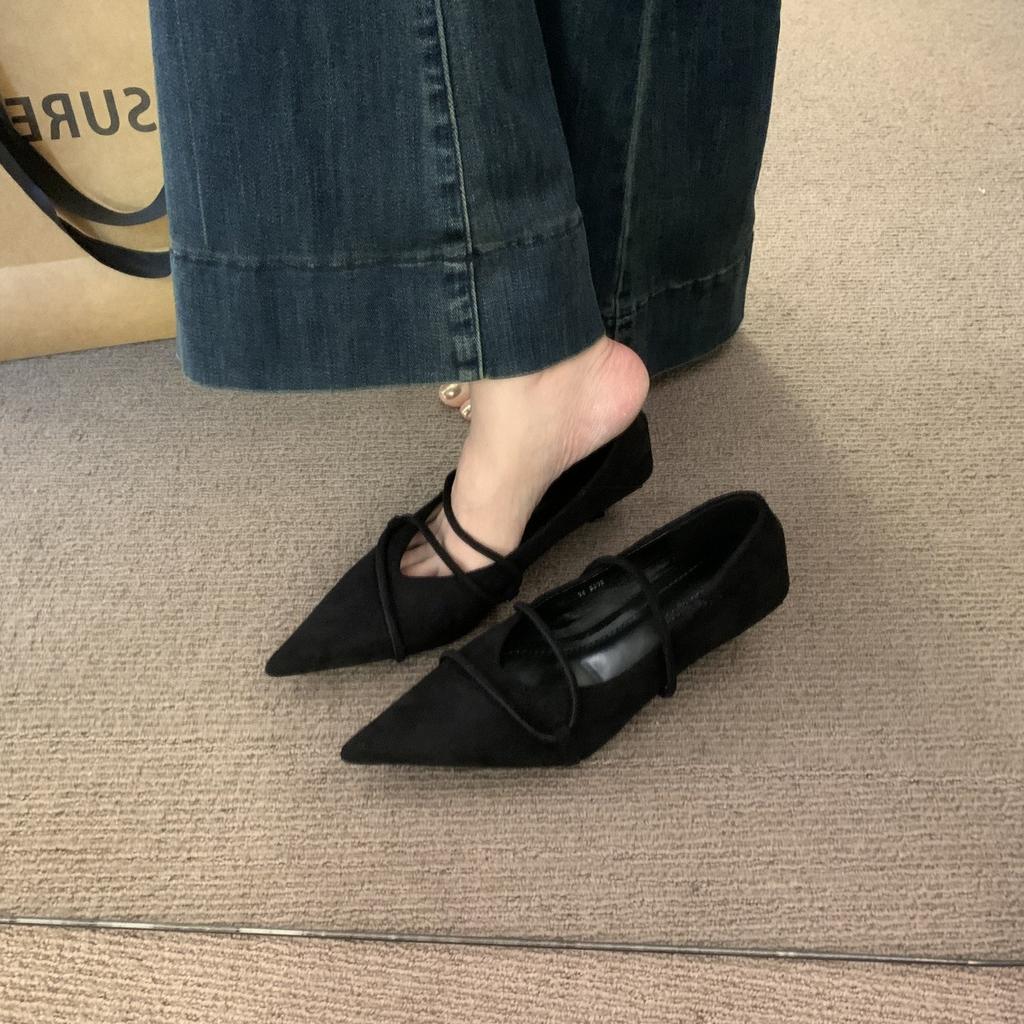 French Suede Pointed Cat Heel Light Mouth Single Shoes Women's Black Commuter Work Shoes Four Seasons Low Heel Mary Jane Shoes