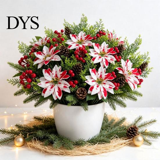 Faux Silk Christmas Blooms 5 Heads Artificial Poinsettia Flowers, Fake Pine Berry Decoration, Home Interior Floral Accents Fade-Resistant Red