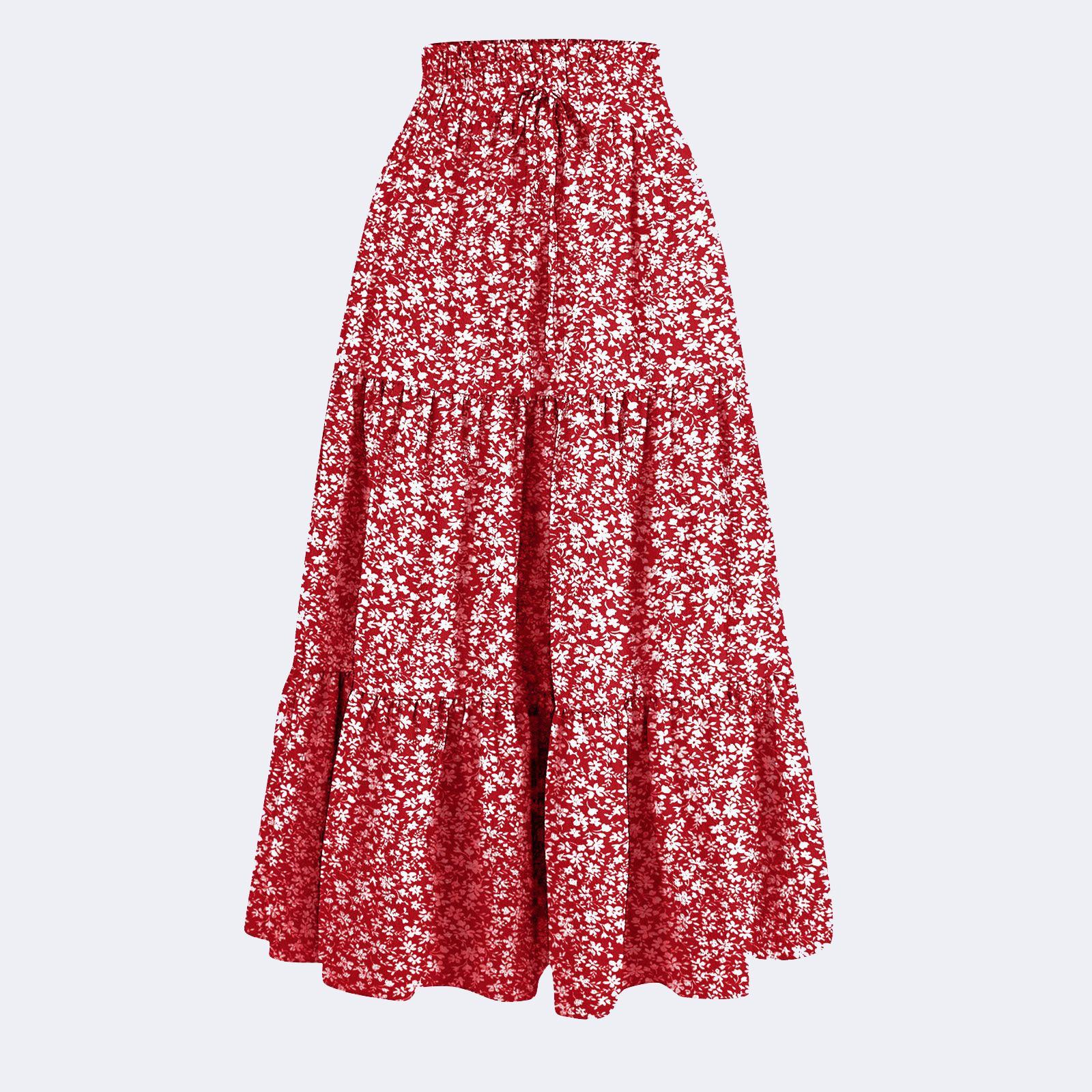 

Women s Floral Bohemian Maxi Skirt, High Waist Elastic A-Line Long Skirt for Casual and Beachwear, Red S красный