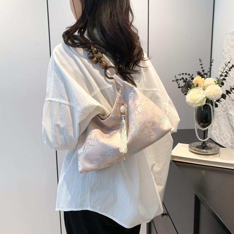 Stylish Silk Jacquard Tote Bag For Women With Elegant Vintage Design In Pink Yellow And White