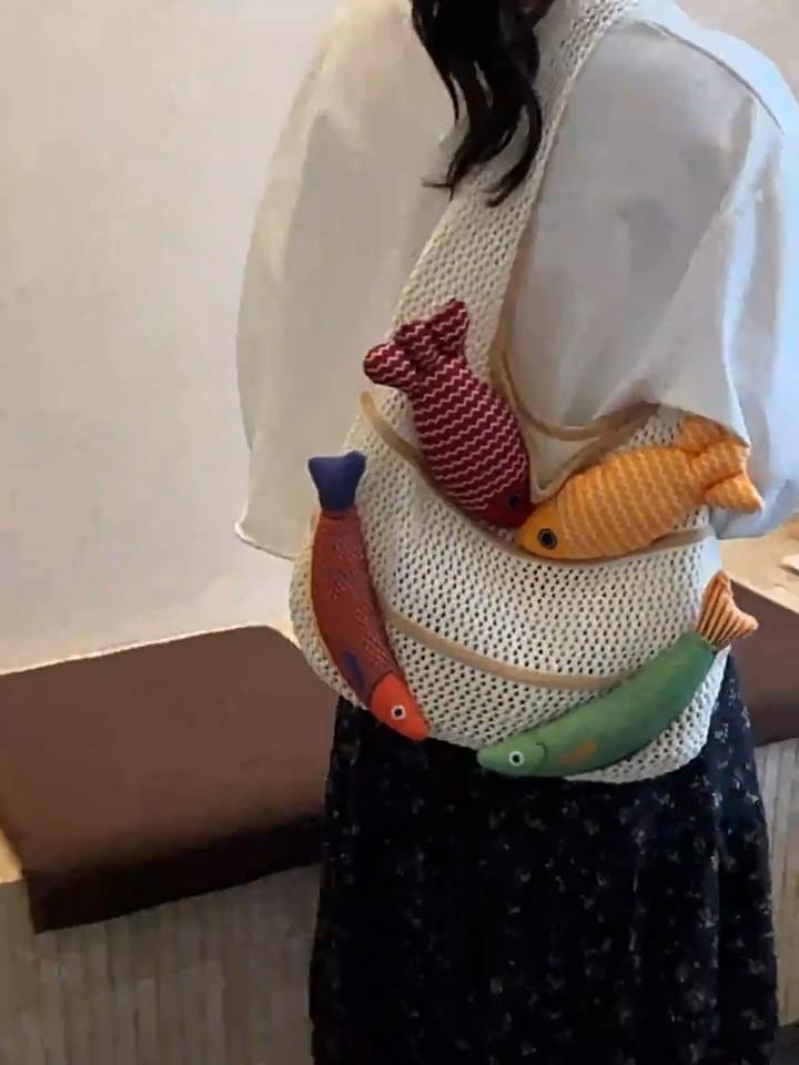 Yogodlns Fish Design Knitting Shoulder Bag Woven Hand Bag Beach Bag Holiday Travel Shopper Shopping Purse for Women