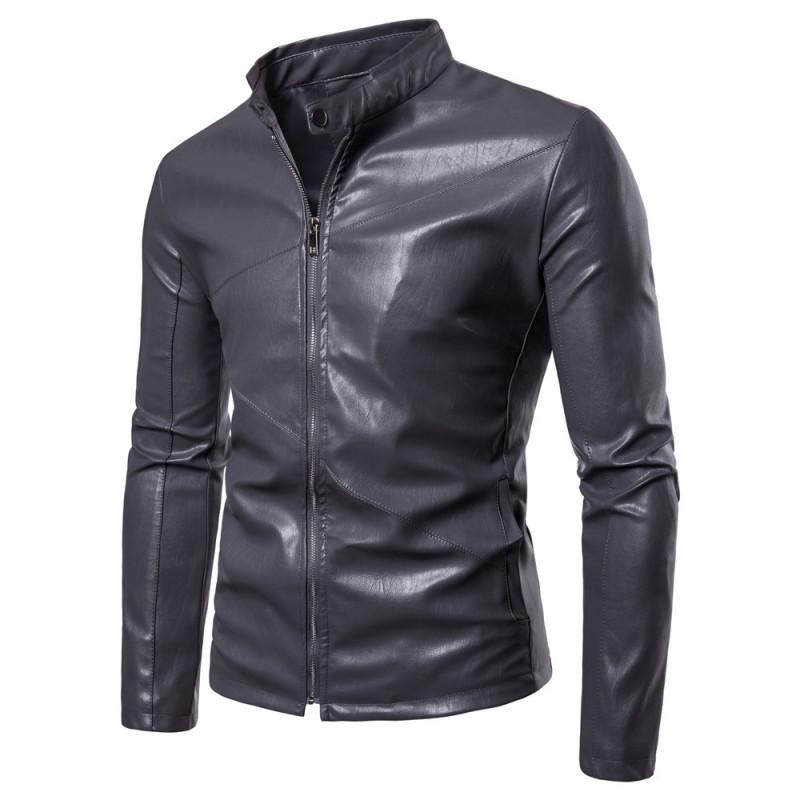 Nová kožená bunda Lapel Pánská PU bunda Trim Límec Zip Cardigan Jednobarevná bunda Kožená Pánská