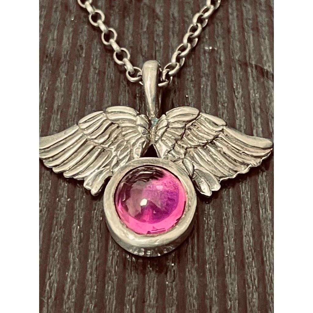Used 950 Silver Wing Motif Pink Stone Pendant Necklace