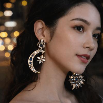 Embedded Vintage Enamel Ear Drop Versatile Stud Earring Sun Moon Earrings  Gift