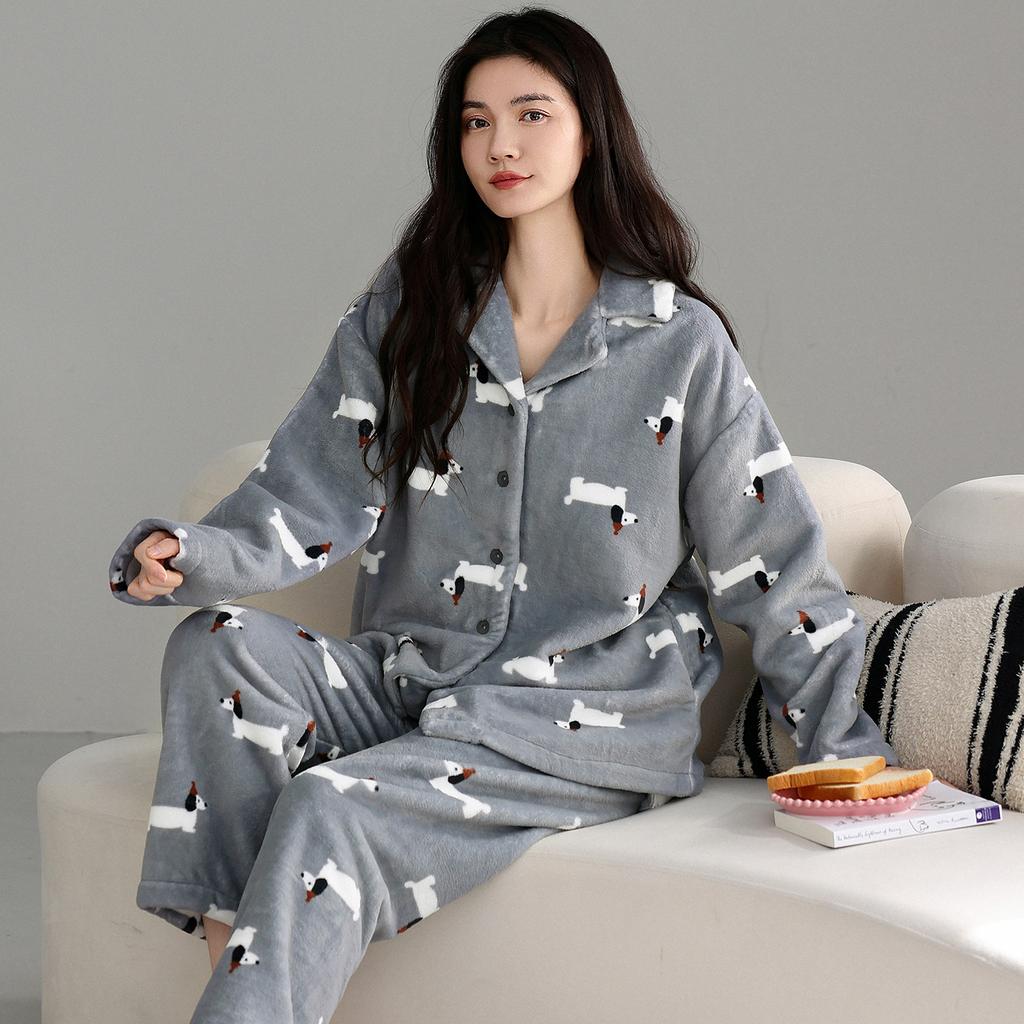 Coral Fleece Pajamas Women'S Autumn And Winter Fleece Thickened Warm Flannel Loungewear Winter Cute Cartoon Set