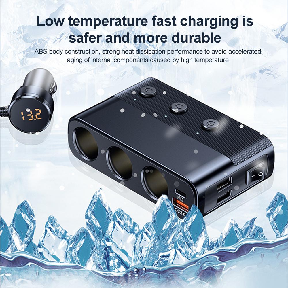 128W Multi Functional 7-port Car Charging One To Three Cigarette Lighter Car Cigarette Lighter PD30W+QC3.0 Quick Charging Box