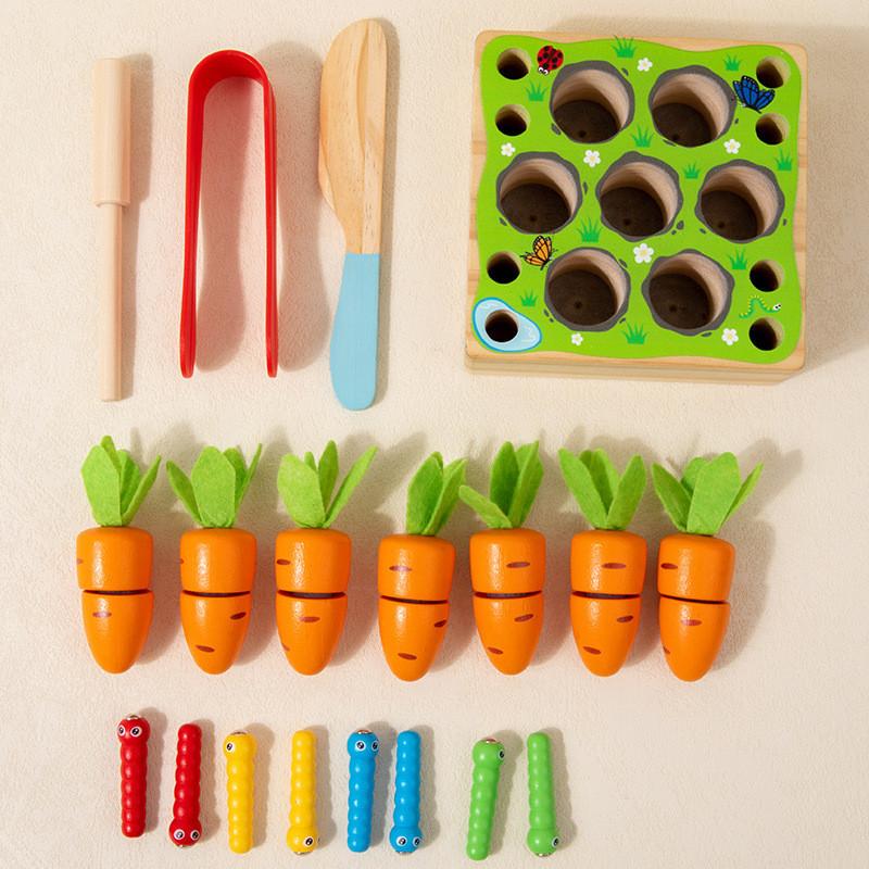 Pulling And Wooden Cutting Carrot Insect Catching Game Children Puzzle Toy