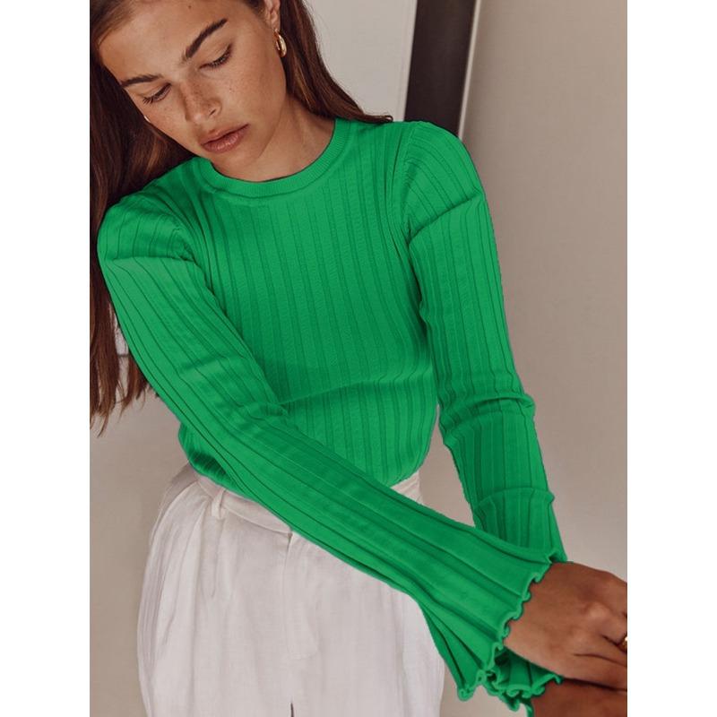 Women's Crewneck Knitted Sweater, Long Sleeve Pitted Stripe Base Layer, Solid Color Tight Autumn and Winter Top