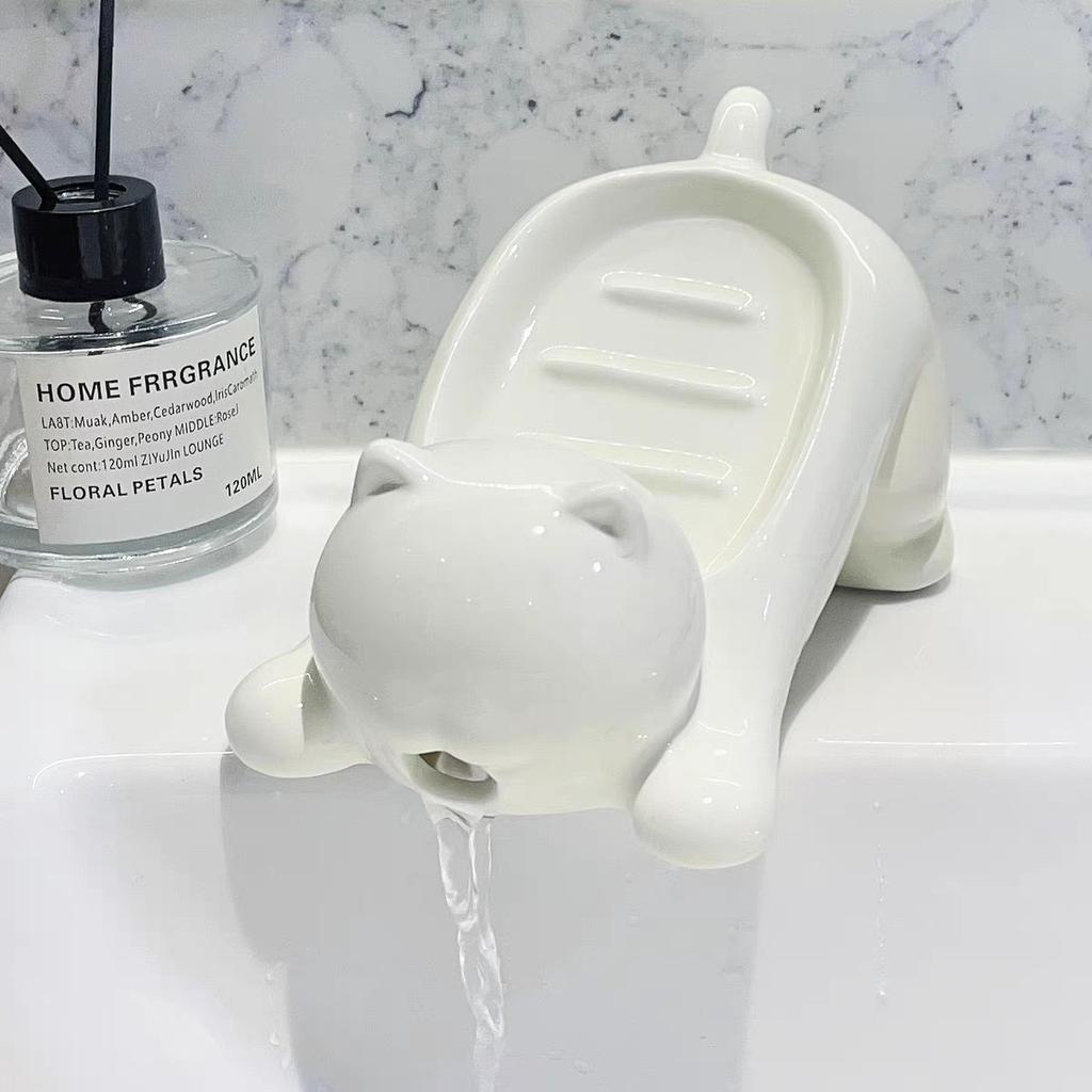Cute Cat Drain Soap Holder Container Smooth Ceramic Toilet Soap Dish Case Tray Bathroom Accessories Washroom Tools Home Decor