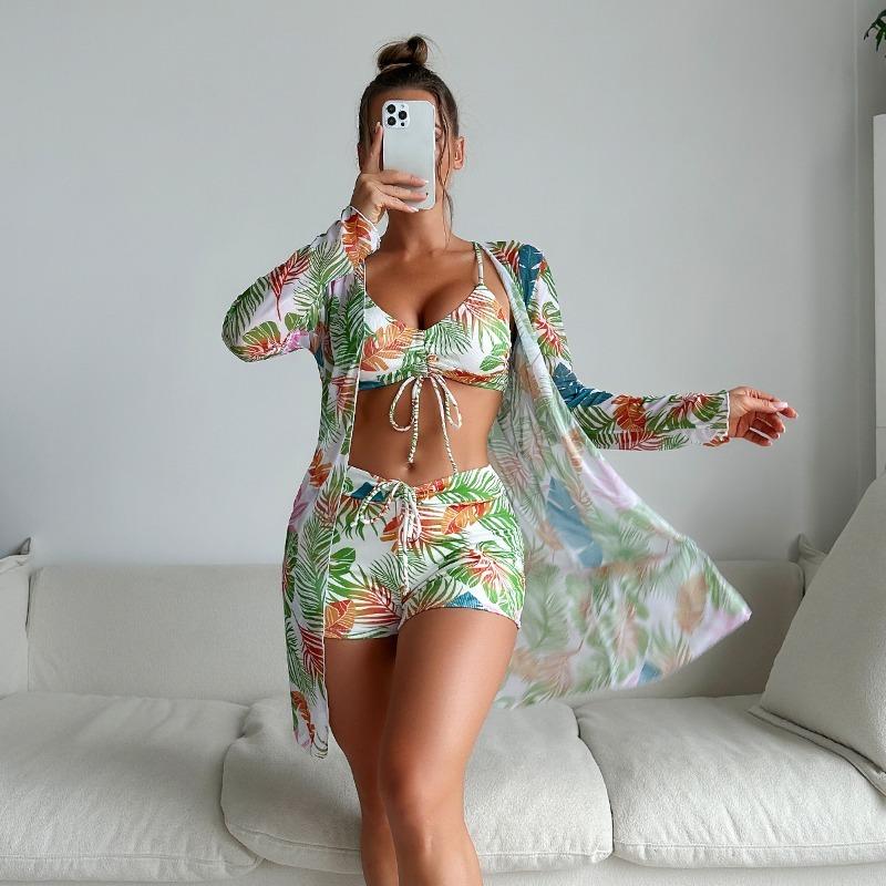 Women's 3 Piece Tropical Leaf Print Swimsuit Set with Cover Up - Bikini Top High Waisted Shorts & Long Sleeve Kimono