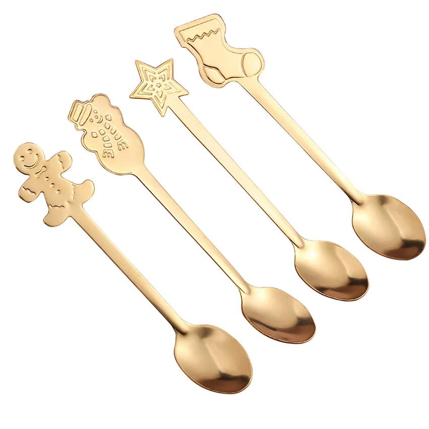 4Pcs Gold/Silver Christmas Coffee Spoons with Gift Box Stainless Steel Gingerbread Man Dessert Spoons Cutlery Spoon Xmas Gift
