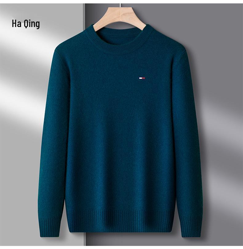 Men's American Tommy Wool Round Neck Thickened Cashmere Sweater - Casual Solid Color Knit Pullover