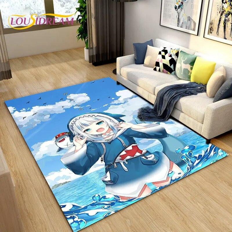 Cute Anime Gawr Gura Hololive Shark Area Rug,Carpet Rug for Living Room Bedroom Sofa Doormat Decoration, Kids Non-slip Floor Mat