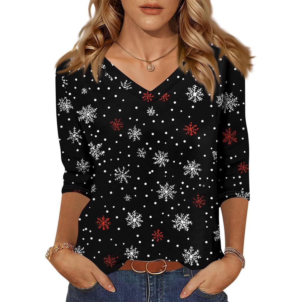 Women's T Shirt CHristmas Print 3/4 Sleeve Daily Weekend Fashion Basic V- Neck Regular Top